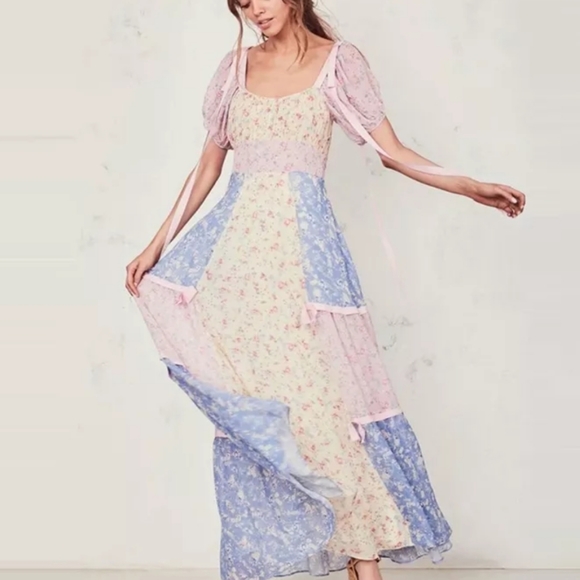 Floral Chiffon Multi-Color Square Neck Puff Sleeve Maxi Dress - Picture 2 of 16
